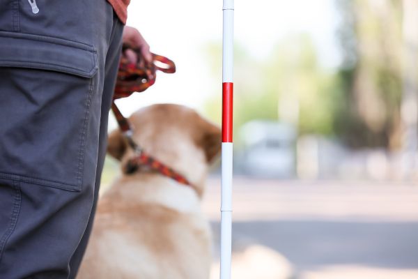A labrador guide dog looking away